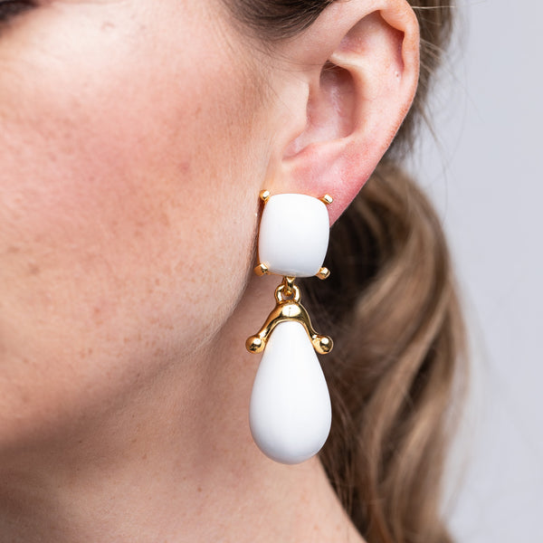 White Square Top Drop Clip Earrings