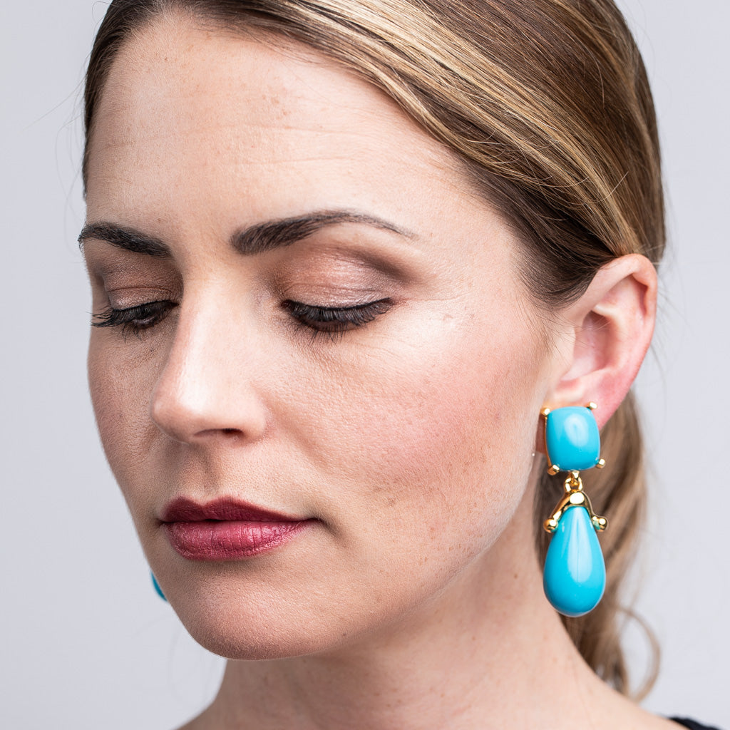 Turquoise Square Top Drop Clip Earrings