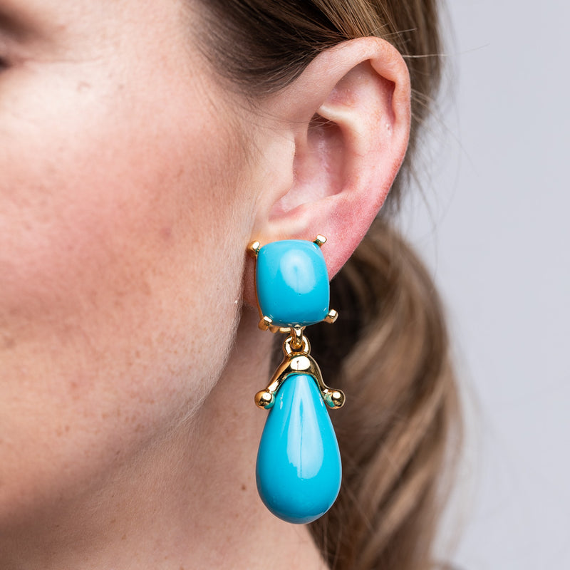 Turquoise Square Top Drop Clip Earrings
