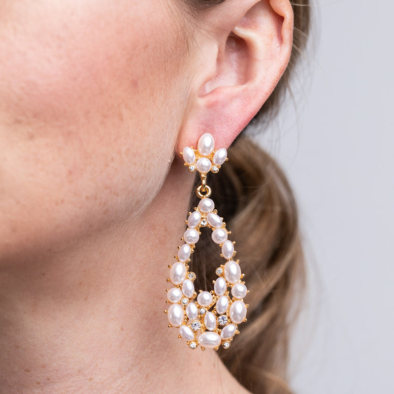 White Pearl Cabochon Teardrop Pierced Earrings