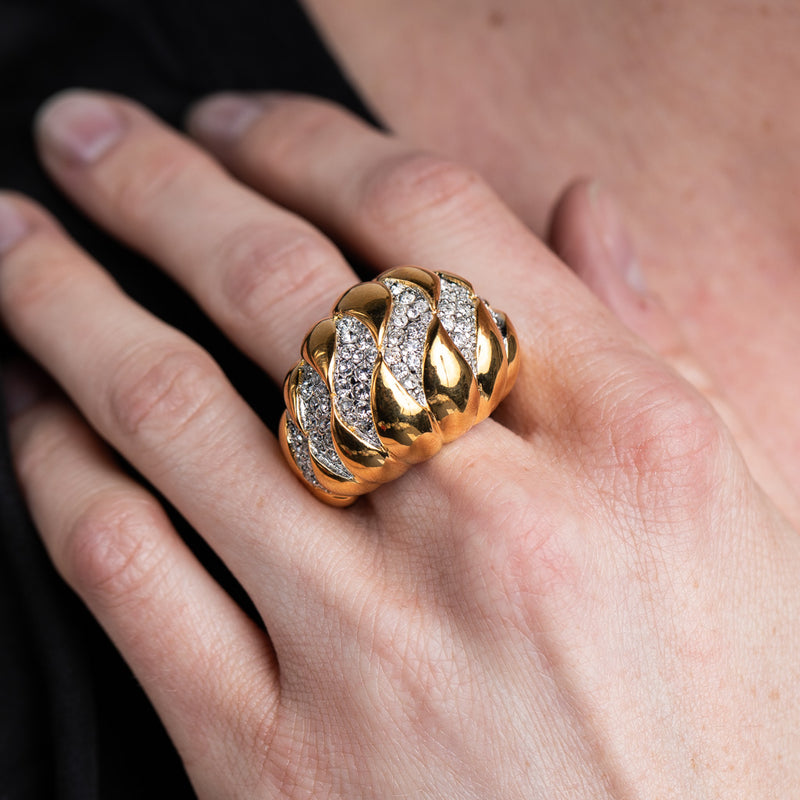 Gold and Rhinestone Wave Dome Ring
