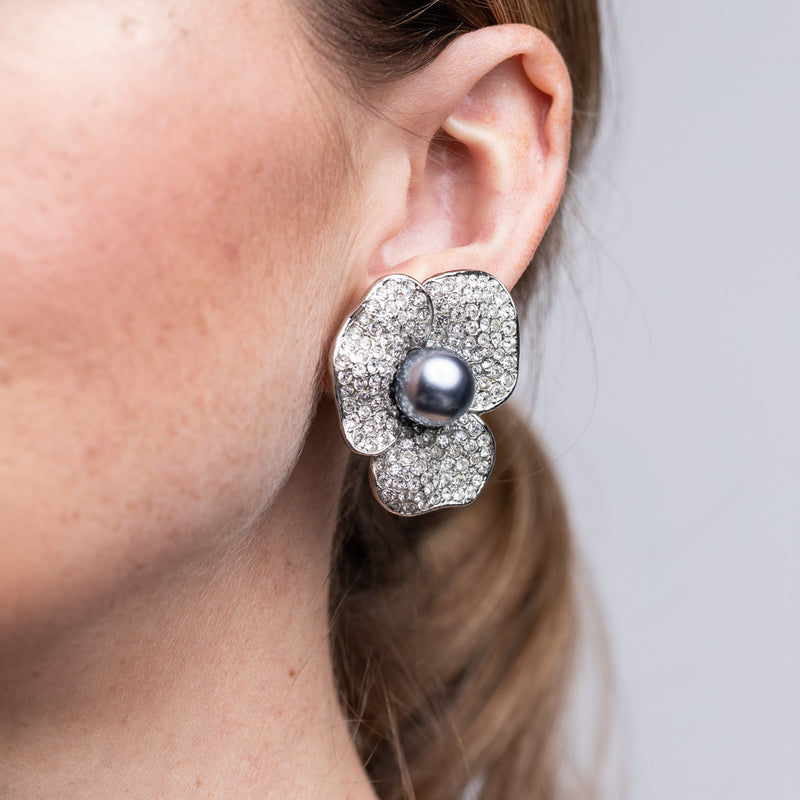 Grey Pearl Center Flower Clip Earrings