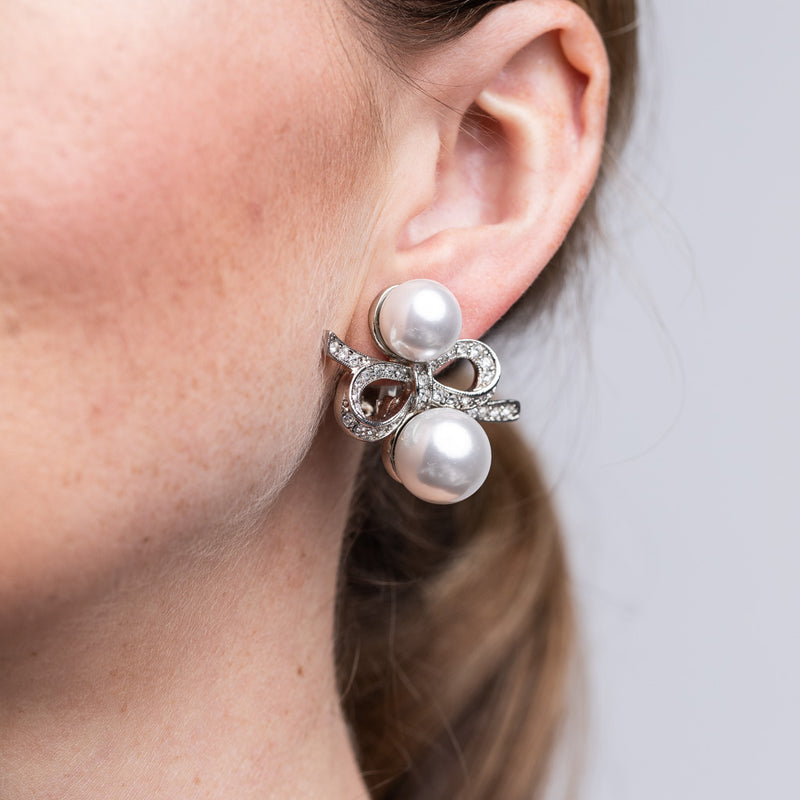 Silver and Crystal Double Pearl Bow Clip Earrings