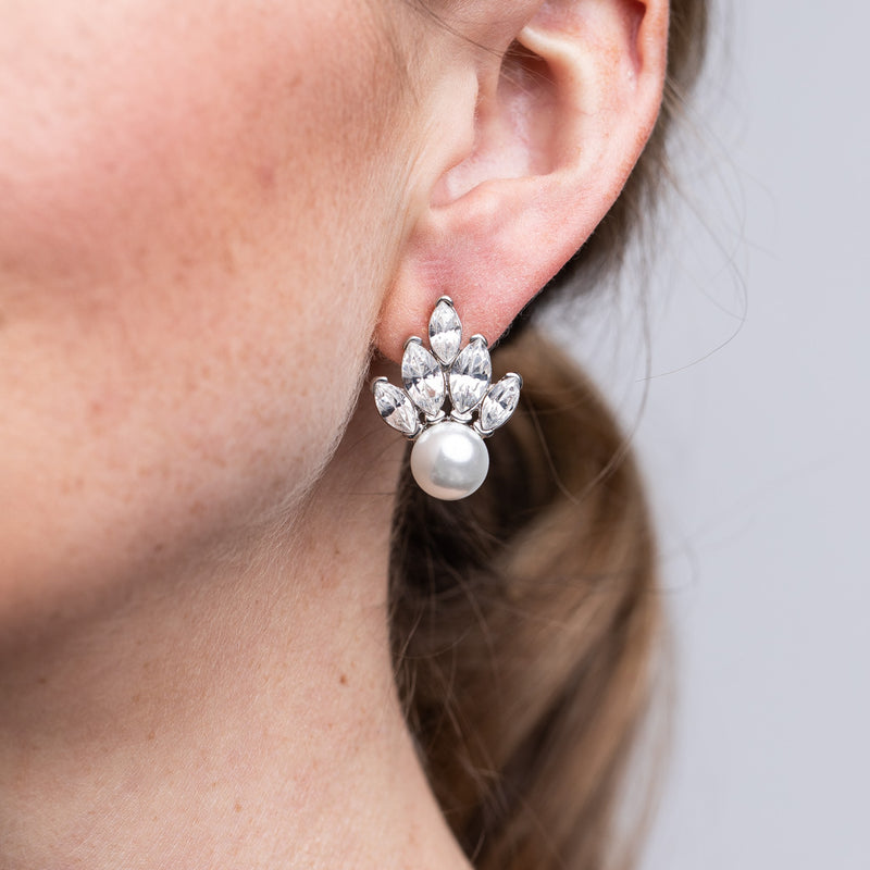 Crystal and White Pearl Fan Clip-On Earrings