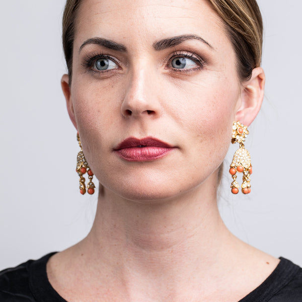 Gold And Coral Drop Clip Earrings