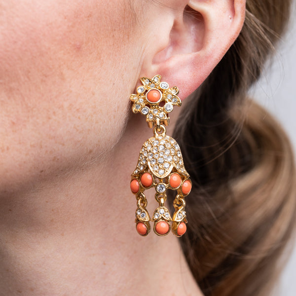Gold And Coral Drop Clip Earrings