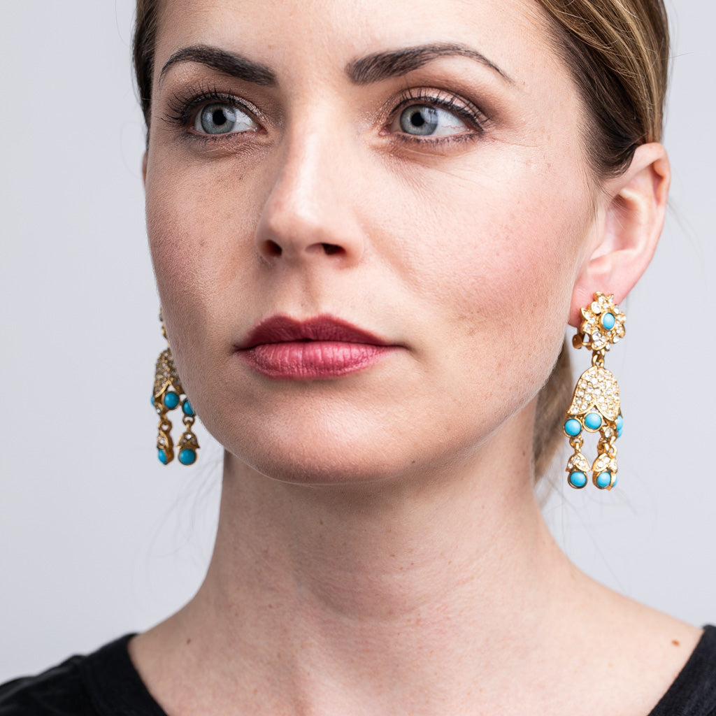 Gold And Turquoise Drop Clip Earrings