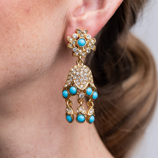 Gold And Turquoise Drop Clip Earrings