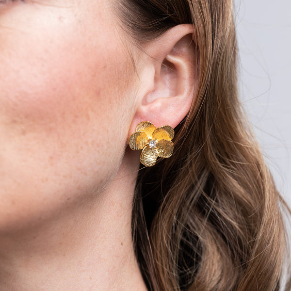 Gold with Crystals Flower Pierced Earrings