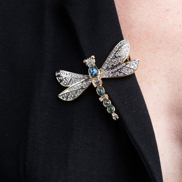Gold and Rhinestone Sapphire Dragonfly Pin