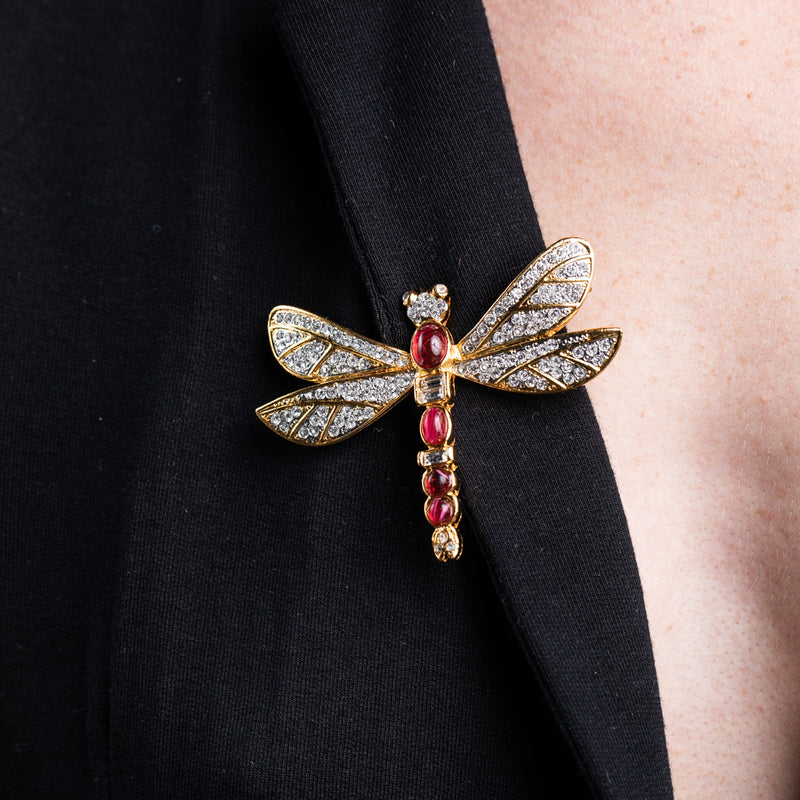 Gold and Rhinestone Ruby Dragonfly Pin