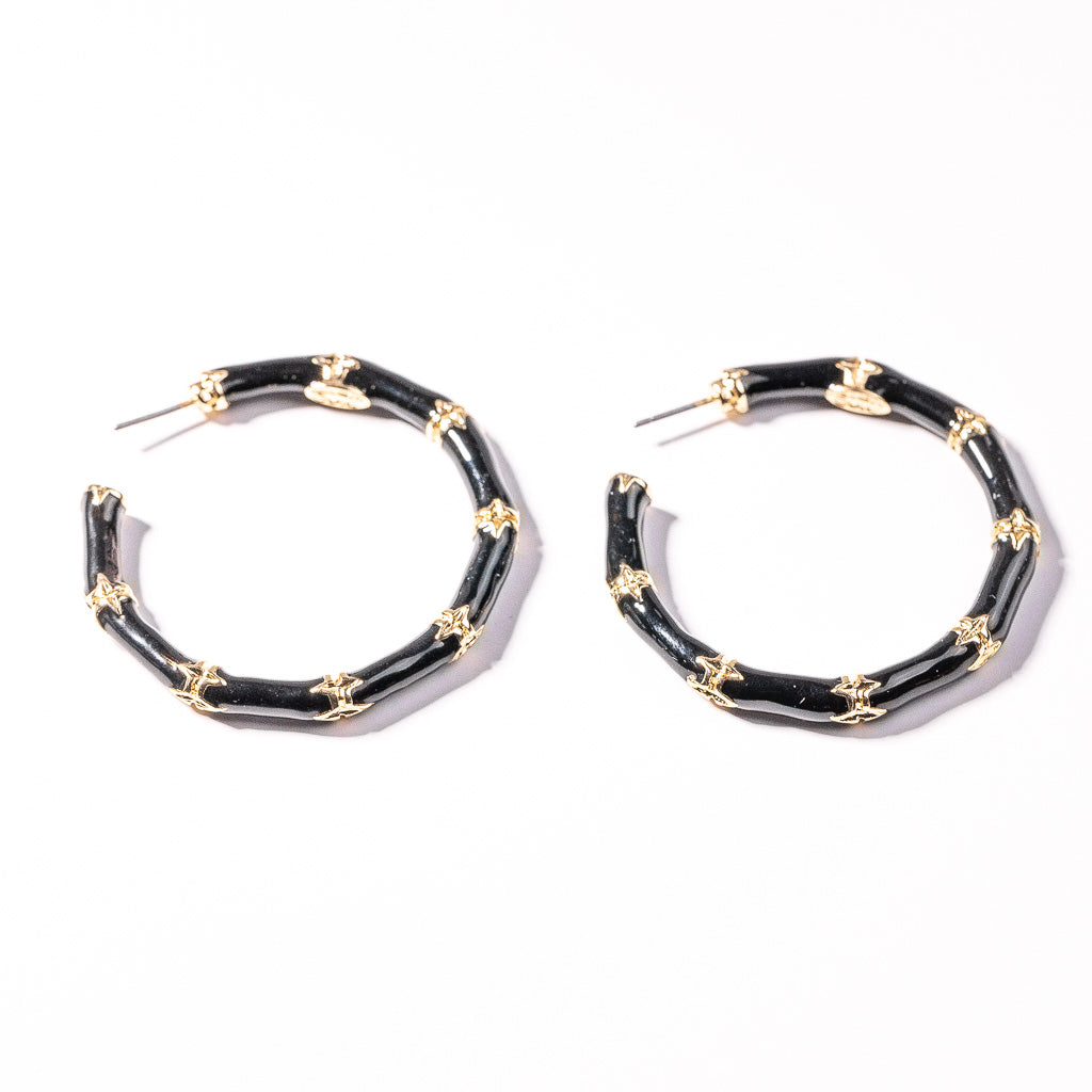 Medium Black Bamboo Hoop Pierced Earrings