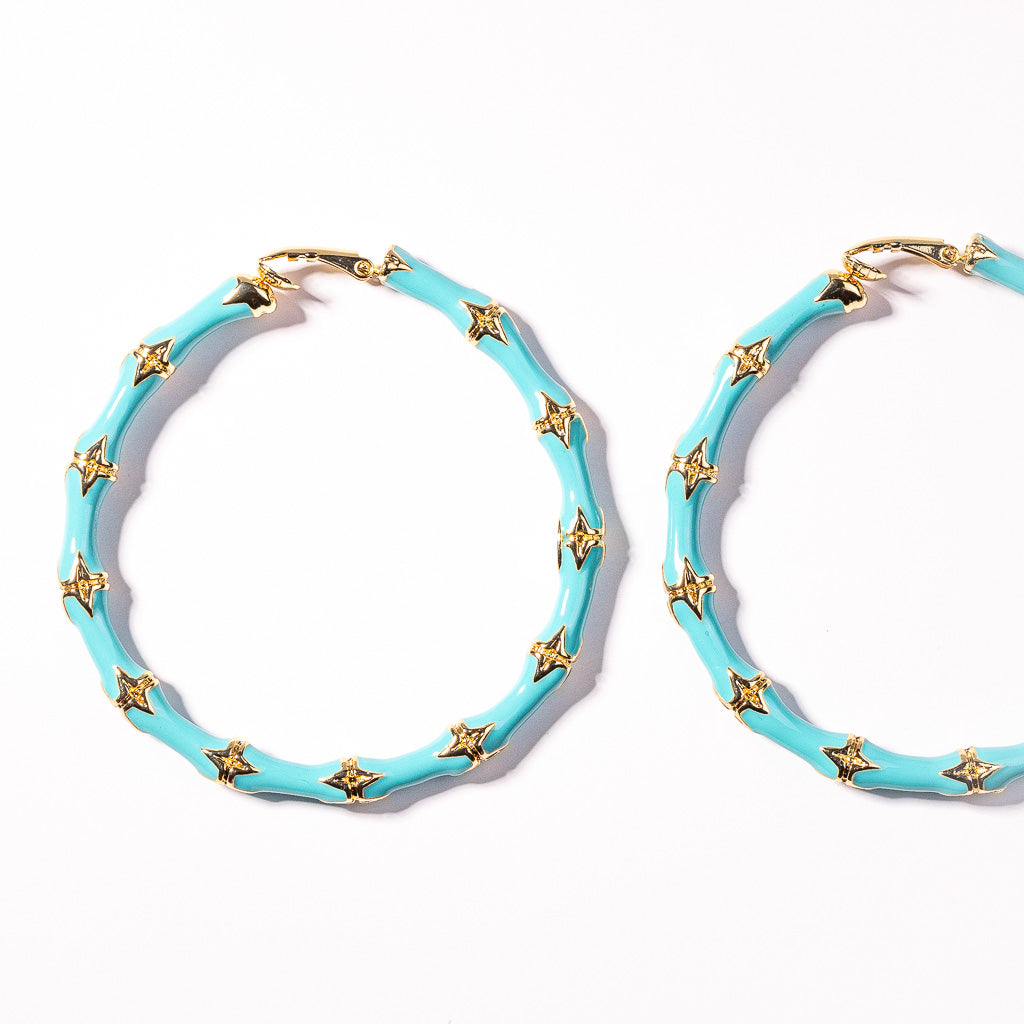 Large Turquoise Bamboo Clip-On Hoop Earrings