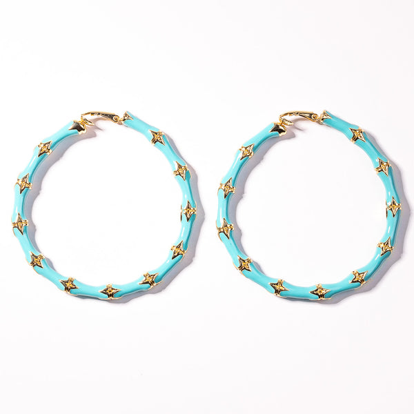 Large Turquoise Bamboo Clip-On Hoop Earrings