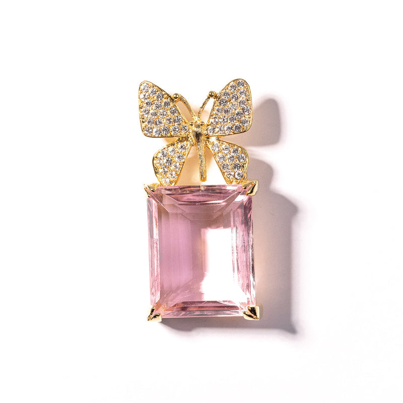Pink Rose Square Stone Pin with Crystal Butterfly