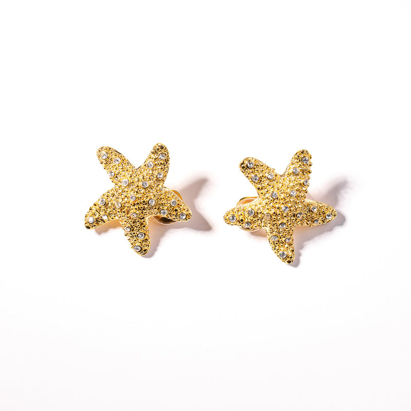 Gold and Crystal Starfish Clip Earrings
