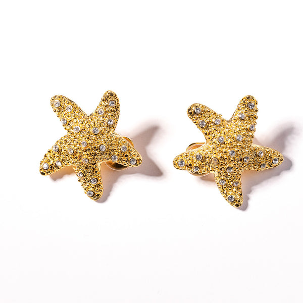 Gold and Crystal Starfish Clip Earrings