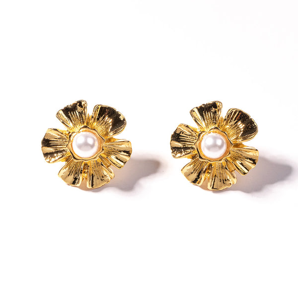 Gold with Pearl Center Flower Earring
