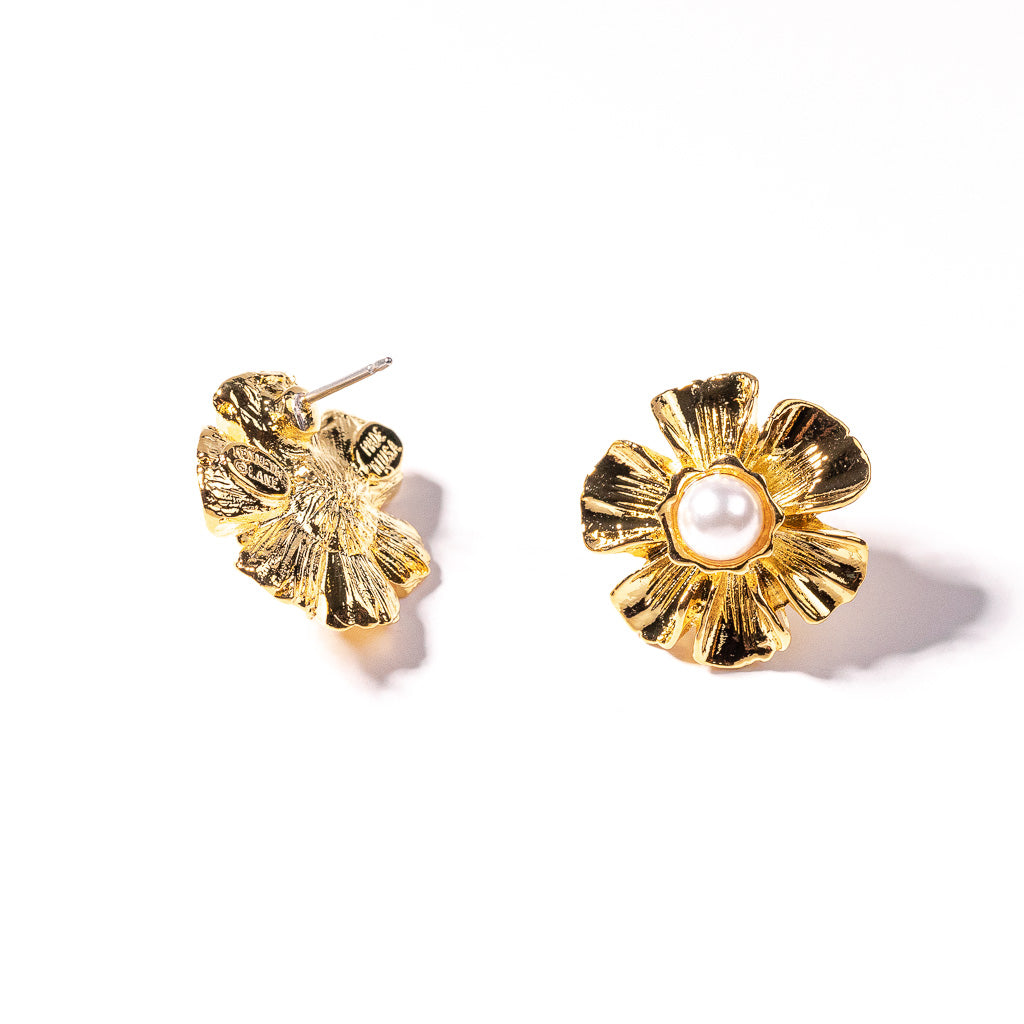 Gold with Pearl Center Flower Earring