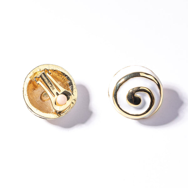 Gold and White Swirl Clip Earrings