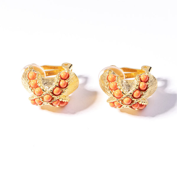 Gold Half Hoop Clip Earring with Coral "X"