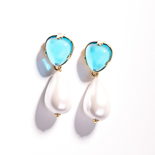 Aqua Top and Pearl Drop Pierced Earring