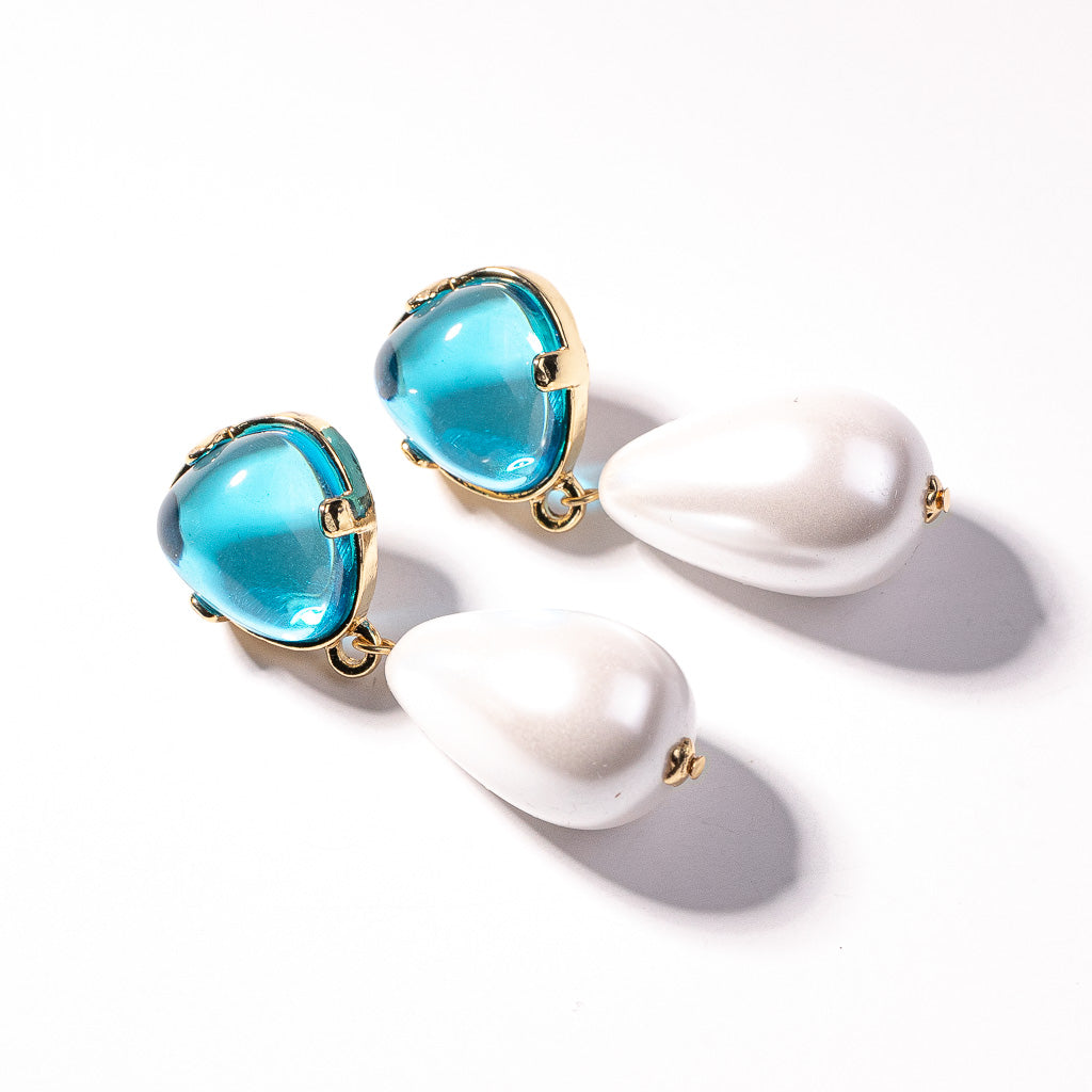 Aqua Top and Pearl Drop Pierced Earring