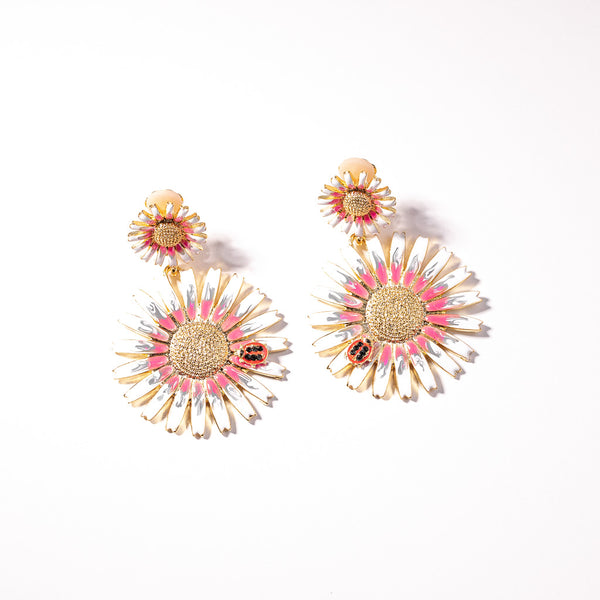 White and Pink Enamel Daisy with Ladybug Clip Earring