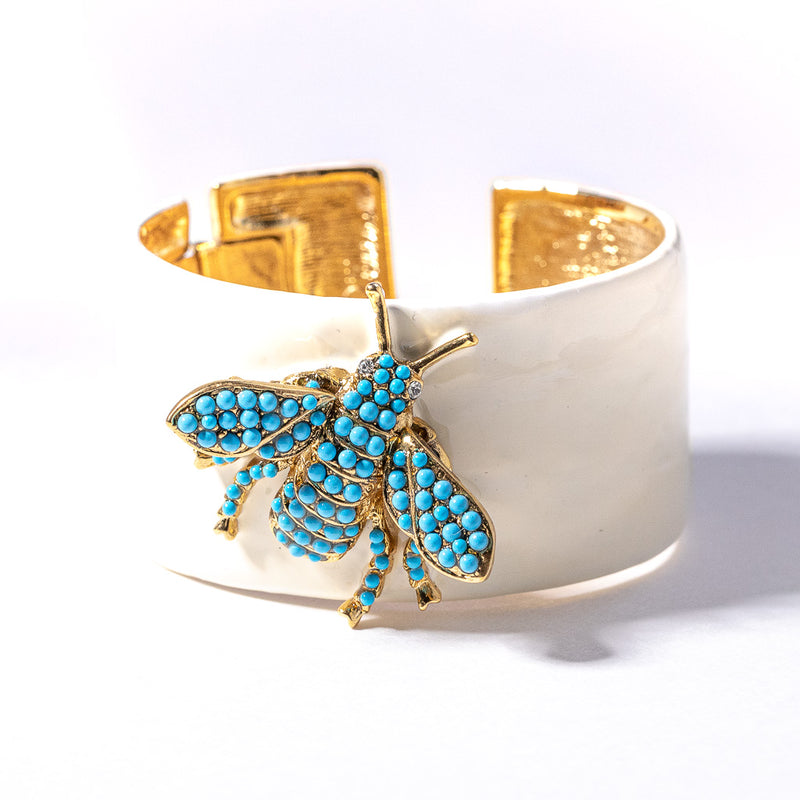 White Enamel with Turquoise Dot Bee Bracelet