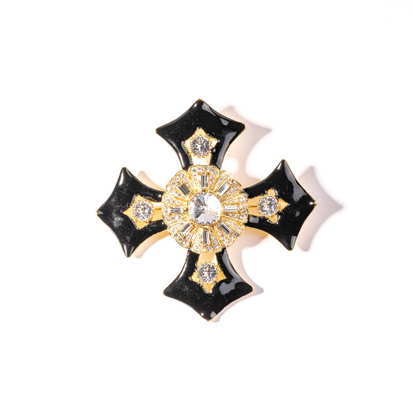 Gold, Crystal and Black Maltese Cross Pin