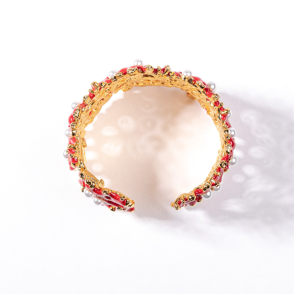 Dark Coral Branch Hinged Cuff with Pearls