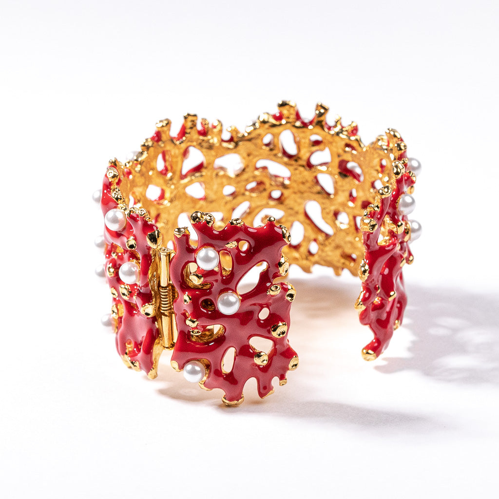 Dark Coral Branch Hinged Cuff with Pearls