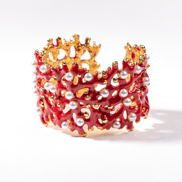 Dark Coral Branch Hinged Cuff with Pearls