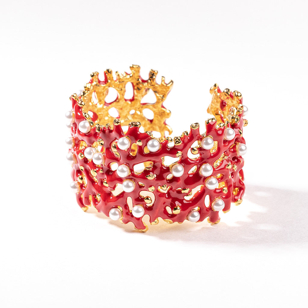 Dark Coral Branch Hinged Cuff with Pearls