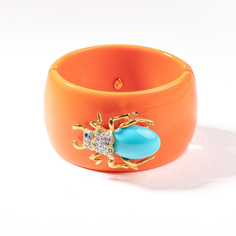 Coral Cuff with Rhinestone and Turquoise Beetle