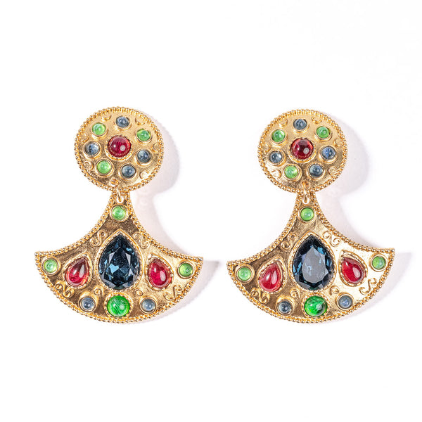 Dark Multicolored Gemstone Clip Earrings