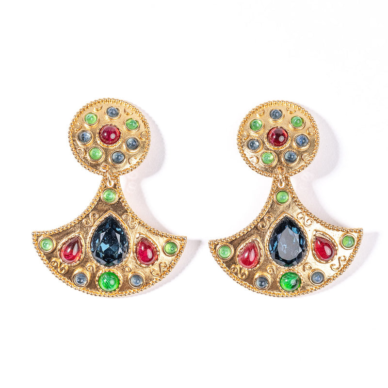 Dark Multicolored Gemstone Clip Earrings