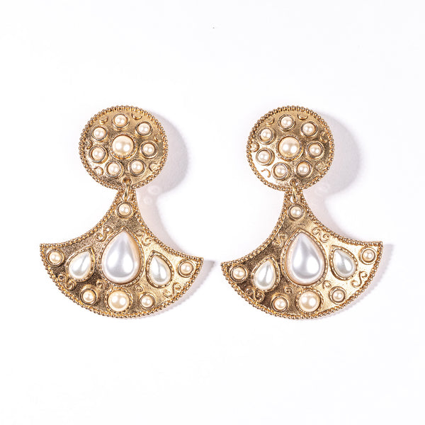 Gold with Pearl Cabochons Drop Clip Earring