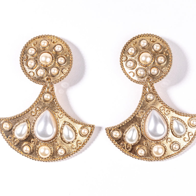 Gold with Pearl Cabochons Drop Clip Earring