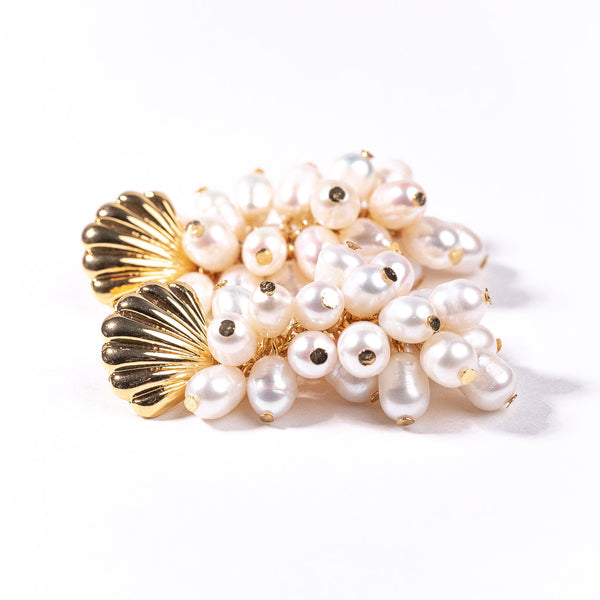 Gold Shell and White Pearl Clusters Drop Earring
