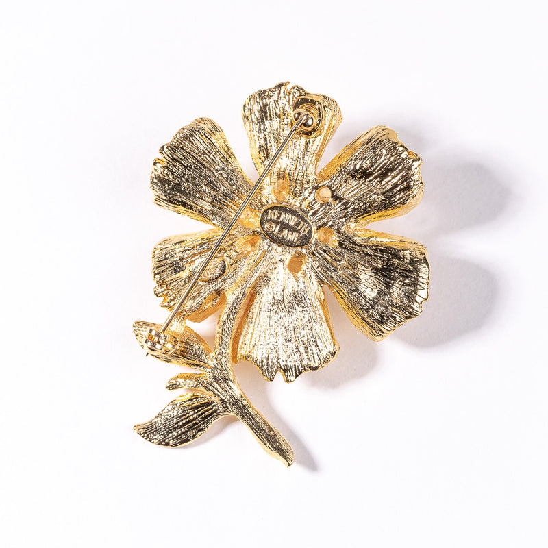 Kenneth Jay Lane Pearly Flower Crystal Pin Gold