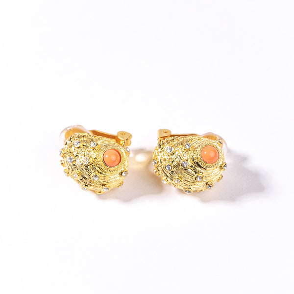 Coral Center Seashell Button Clip Earrings