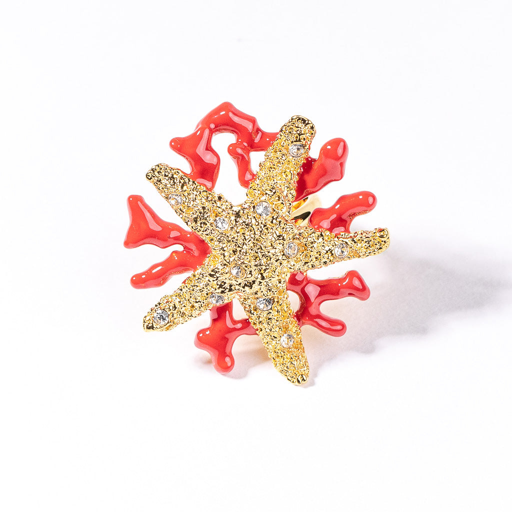 Starfish and Dark Coral Enamel Branch Ring