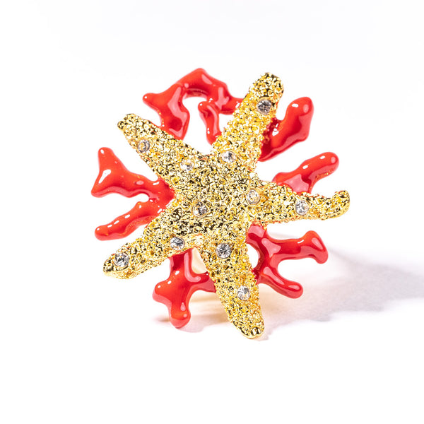 Starfish and Dark Coral Enamel Branch Ring