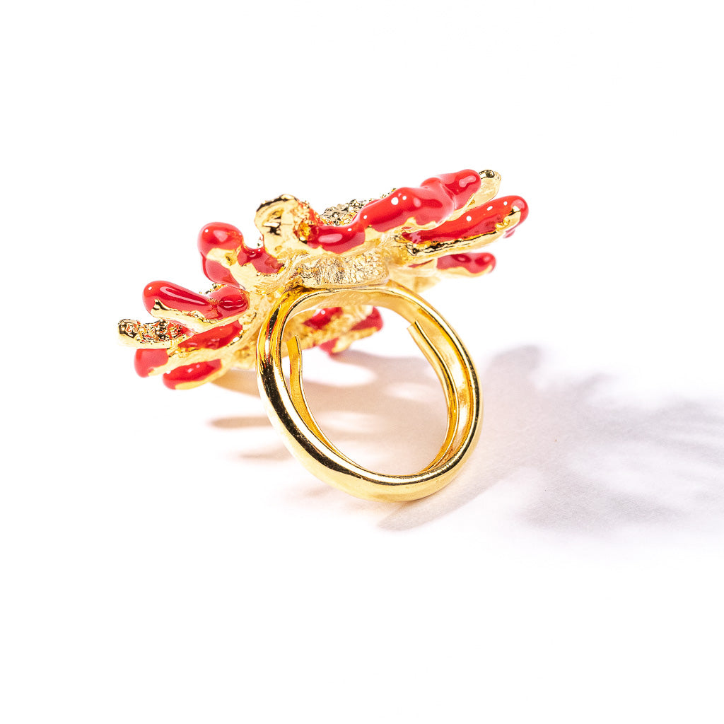 Starfish and Dark Coral Enamel Branch Ring