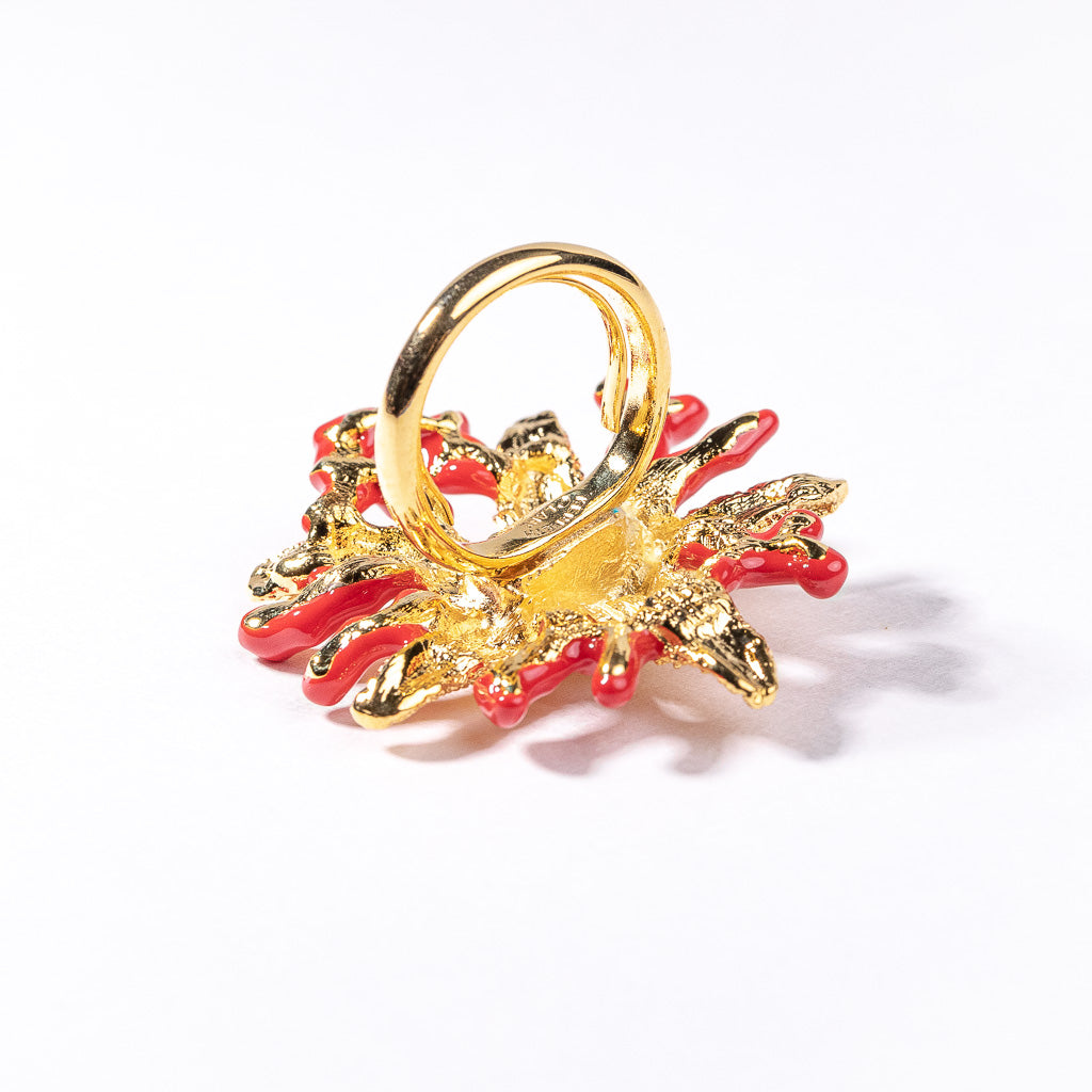 Starfish and Dark Coral Enamel Branch Ring