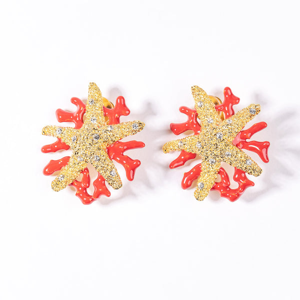Starfish and Dark Coral Enamel Branch Earring