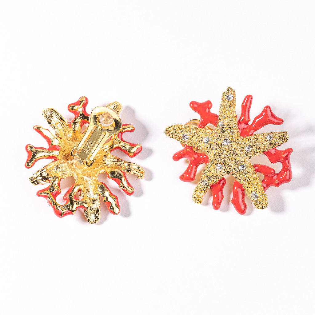 Starfish and Dark Coral Enamel Branch Earring