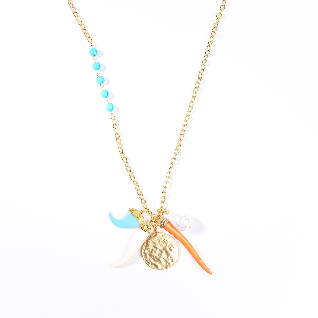 Gold and Turquoise Chain Necklace with Multicolored Pendants