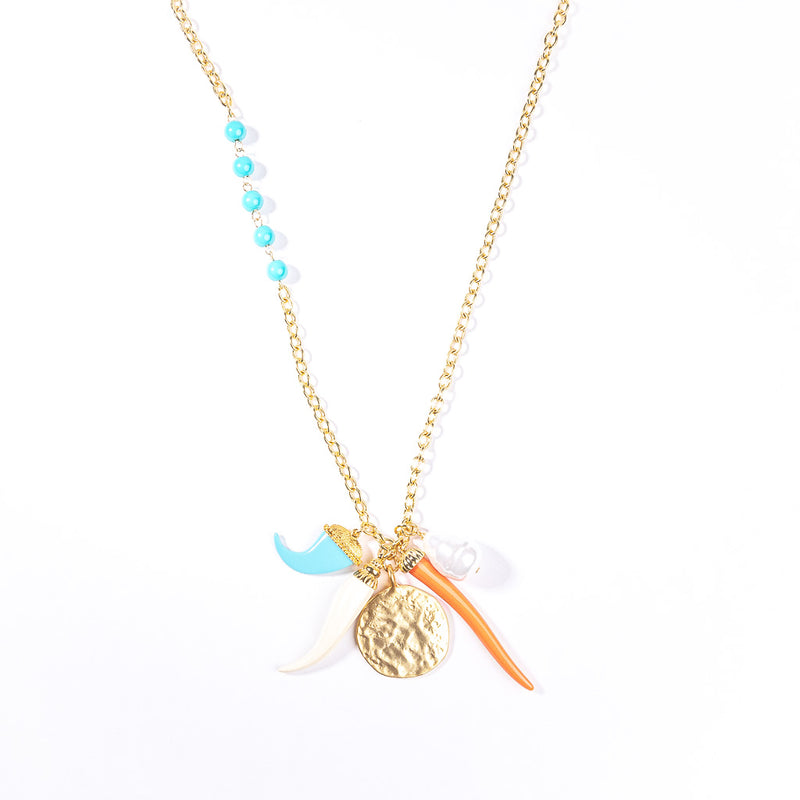 Gold and Turquoise Chain Necklace with Multicolored Pendants